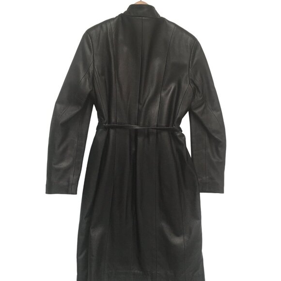 Vintage Black Leather Long Coat With Belt & Zipper Closure - Picture 5 of 13